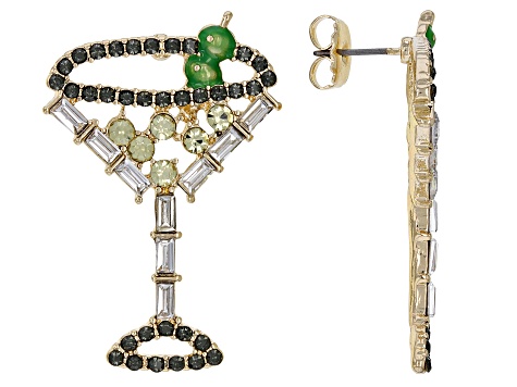 Gold Tone Multi Color Crystal and Green Enamel Martini Glass Earrings