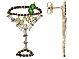 Gold Tone Multi Color Crystal and Green Enamel Martini Glass Earrings