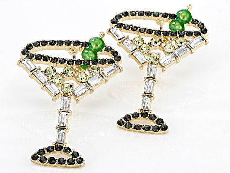 Gold Tone Multi Color Crystal and Green Enamel Martini Glass Earrings