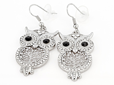White and Black Crystal Silver Tone Owl Dangle Earrings