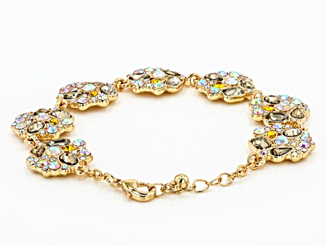 White Iridescent and Champagne Crystal Gold Tone Station Bracelet