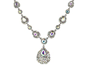 White Iridescent Crystal Silver Tone Station Necklace