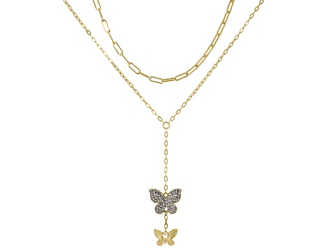 White Crystal Gold Tone Butterfly Double Strand Necklace