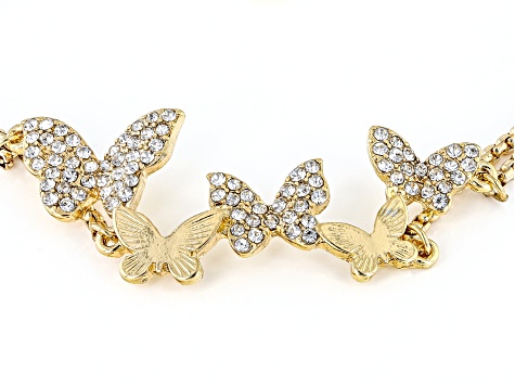 White Crystal Gold Tone Double Strand Butterfly Bracelet
