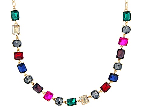 Multi Color Crystal Gold Tone Station Necklace