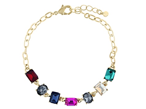 Multi Color Crystal Gold Tone Station Bracelet
