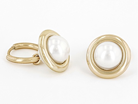 Pearl Simulant Gold Tone Planet Dangle Earrings