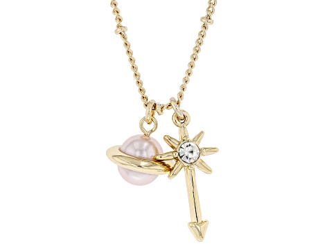 Pink Pearl Simulant and Glass Gold Tone Planet Charm Necklace