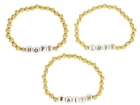 Gold Tone "Love, Hope, & Faith" Set of 3 Beaded Stretch Bracelets