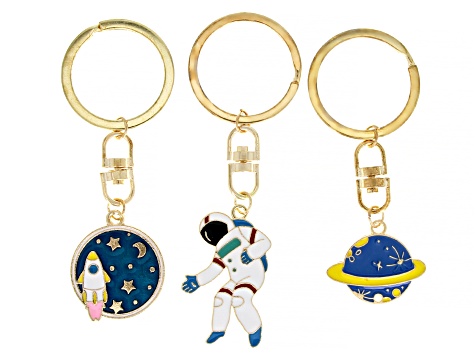 Multi Color Enamel Gold Tone Planet, Astronaut, and Space Set of 3 Key Chains