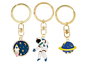 Multi Color Enamel Gold Tone Planet, Astronaut, and Space Set of 3 Keychains