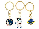 Multi Color Enamel Gold Tone Planet, Astronaut, and Space Set of 3 Key Chains