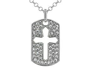 White Crystal Silver Tone Unisex  Cross Dog Tag Pendant With 24" Chain