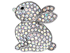 White Iridescent & Black Crystal Silver Tone Easter Bunny Brooch