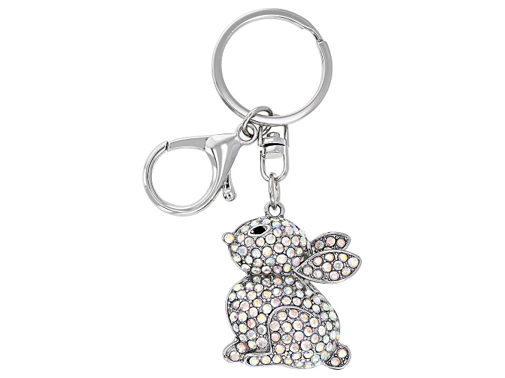 White Iridescent & Black Crystal Silver Tone Easter Bunny Key