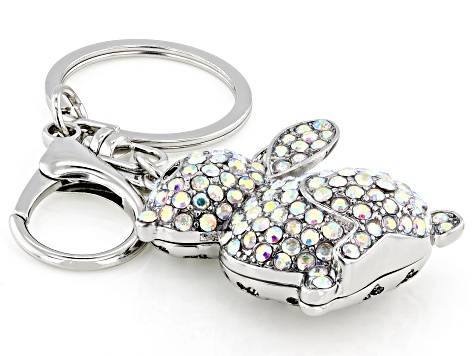 White Iridescent & Black Crystal Silver Tone Easter Bunny Key