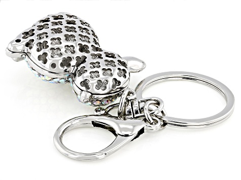 White Iridescent & Black Crystal Silver Tone Easter Bunny Key