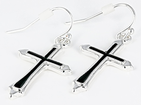 Black Enamel Silver Tone Cross Dangle Earrings
