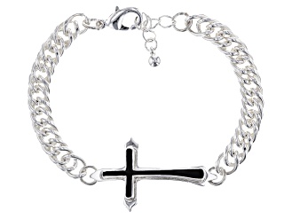 Black Enamel Silver Tone Cross Bracelet