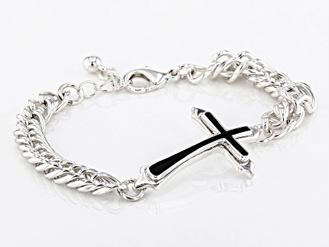 Black Enamel Silver Tone Cross Bracelet