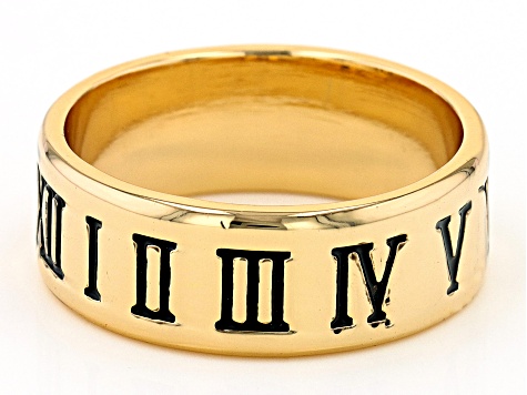 Black Enamel Engraved Roman Numeral Gold Tone Mens Band Ring