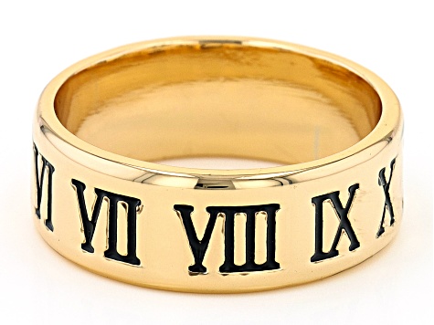 Black Enamel Engraved Roman Numeral Gold Tone Mens Band Ring