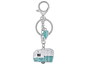 White and Teal Enamel Silver Tone Camper Key Chain