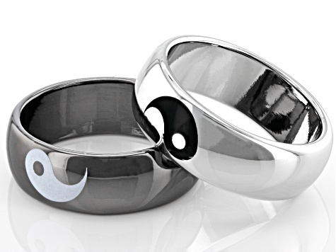 Silver and Black Tone Set of Two Yin and Yang Ring