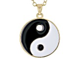 White and Black Enamel, Gold Tone Yin & Yang Pendant With 18" Chain