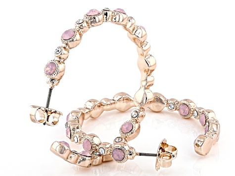Pink & White Crystal Rose Tone Inside/Outside Hoop Earrings