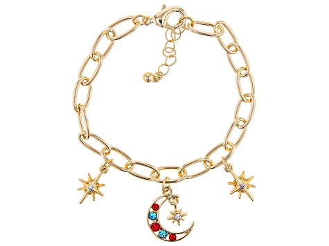 Multi-Color Crystal Gold Tone Celestial Moon Bracelet