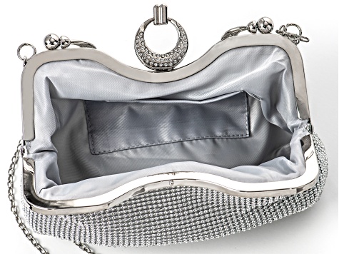 White Crystal Silver Tone Clutch Purse