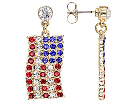 Red, White & Blue Crystal Gold Tone American Flag Earrings