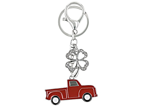 White Crystal Silver Tone Red Enamel Vintage Truck Key Chain