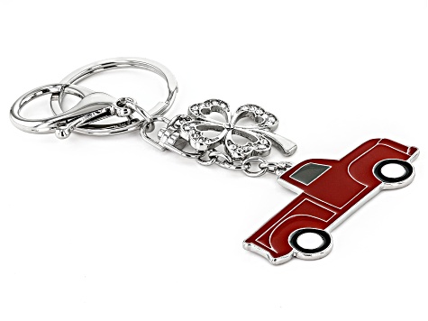 White Crystal Silver Tone Red Enamel Vintage Truck Key Chain