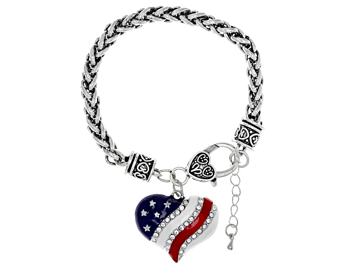 White Crystal & Enamel Silver Tone Heart Shape Patriotic