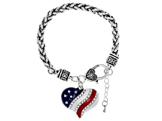 White Crystal & Enamel Silver Tone Heart Shape Patriotic Bracelet