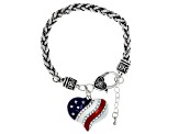 White Crystal & Enamel Silver Tone Heart Shape Patriotic Bracelet