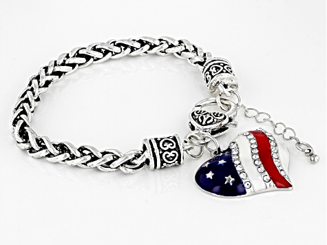 White Crystal & Enamel Silver Tone Heart Shape Patriotic Bracelet