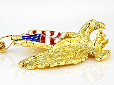 Multi-Color Enamel Gold Tone Patriotic Eagle Pendant With 24" Chain
