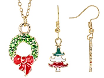 Picture of Multi-Color Enamel Gold Tone Christmas Pendant & Earring Set