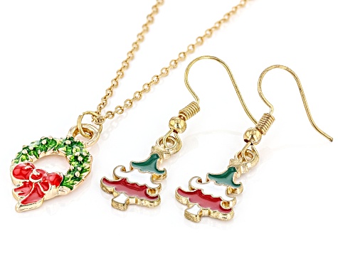 Multi-Color Enamel Gold Tone Christmas Pendant & Earring Set