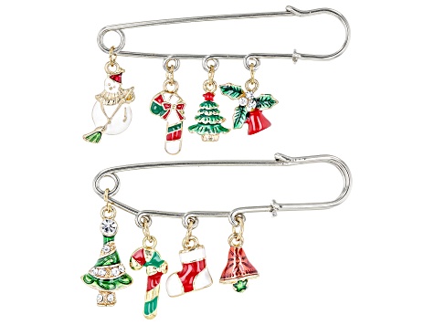 Multi-Color Enamel & Crystal Silver Tone Christmas Charm Set of Two Pins