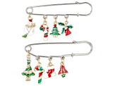 Multi-Color Enamel & Crystal Silver Tone Christmas Charm Set of Two Pins