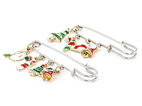 Multi-Color Enamel & Crystal Silver Tone Christmas Charm Set of Two Pins