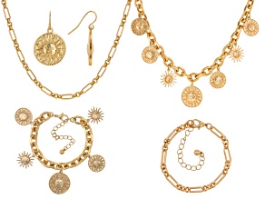 Gold Tone Medallion Matte Set of 2 Necklaces, Set of 2 Bracelets & Earring