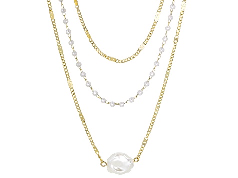 White Pearl Simulant & Gold Tone Chain Set of 3 Necklaces