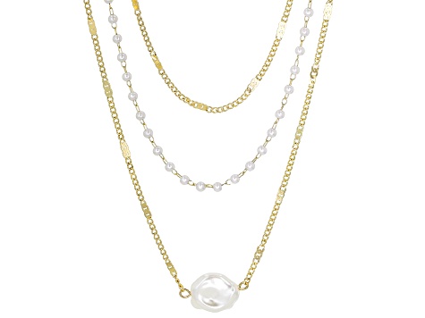 White Pearl Simulant & Gold Tone Chain Set of 3 Necklaces