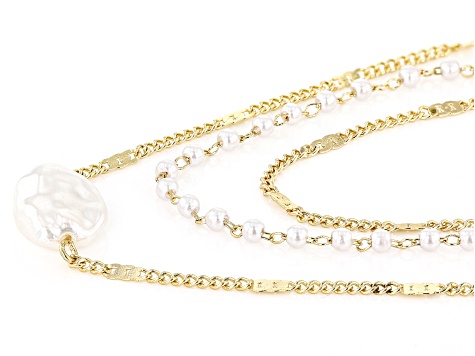 White Pearl Simulant & Gold Tone Chain Set of 3 Necklaces