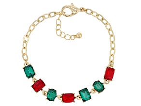 Red & Green Crystal Gold Tone Holiday Bracelet